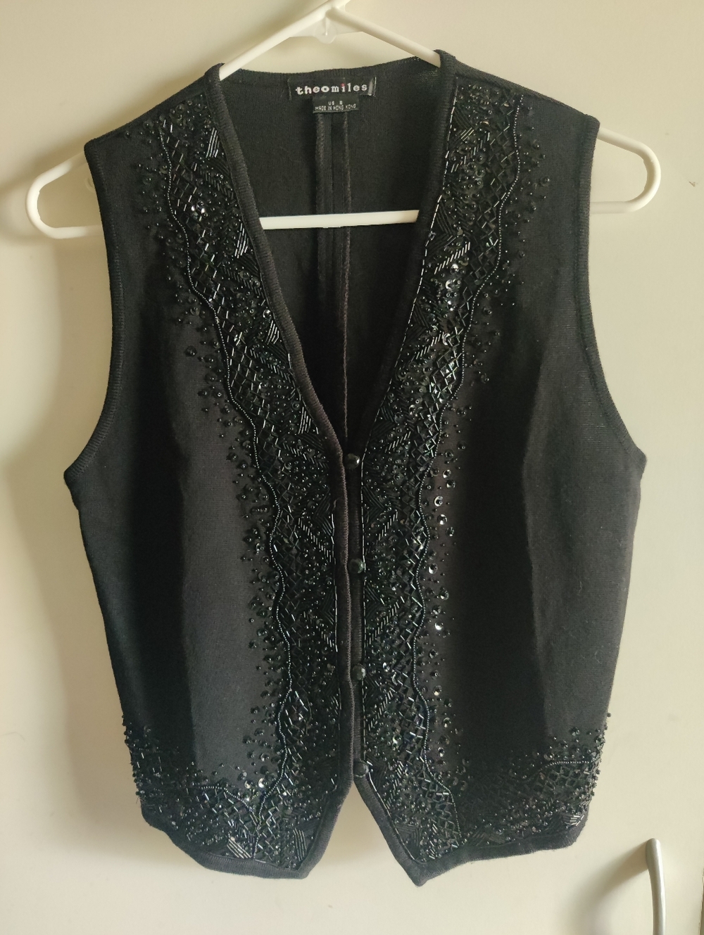Beaded Black Vest By Theo Miles. Sequin Detail. Dressy Layering Piece.